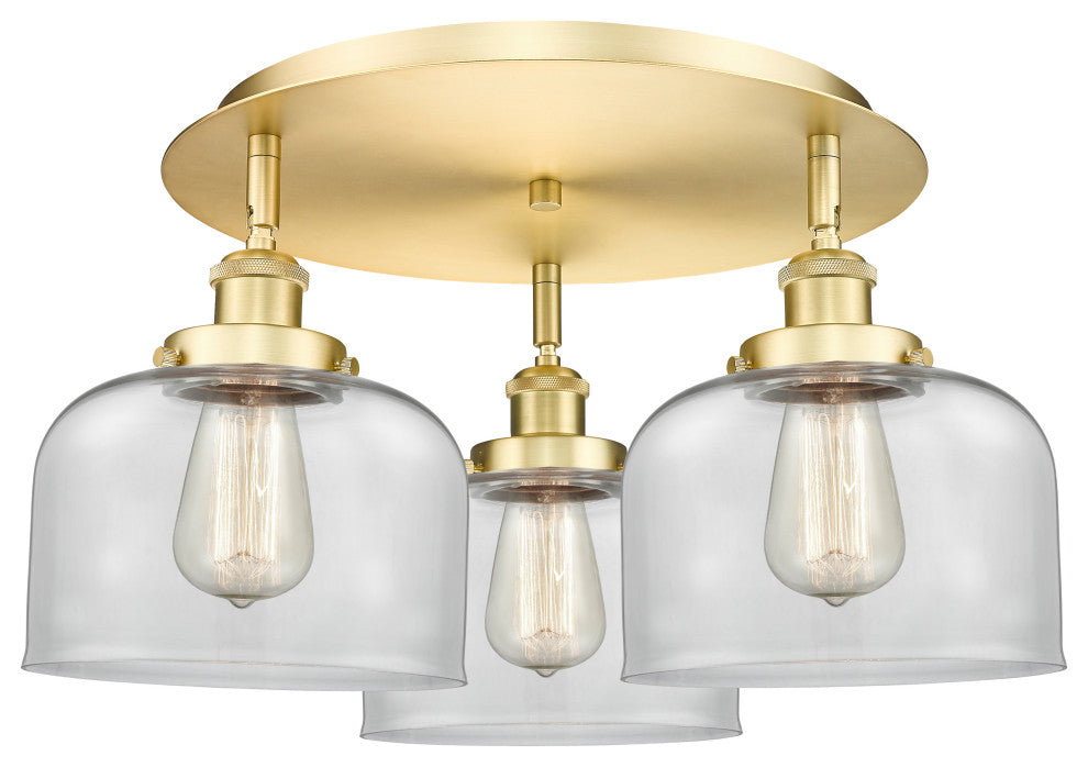 Bell-3 Light 20" Flush Mount-Satin Gold, Clear Glass Shade