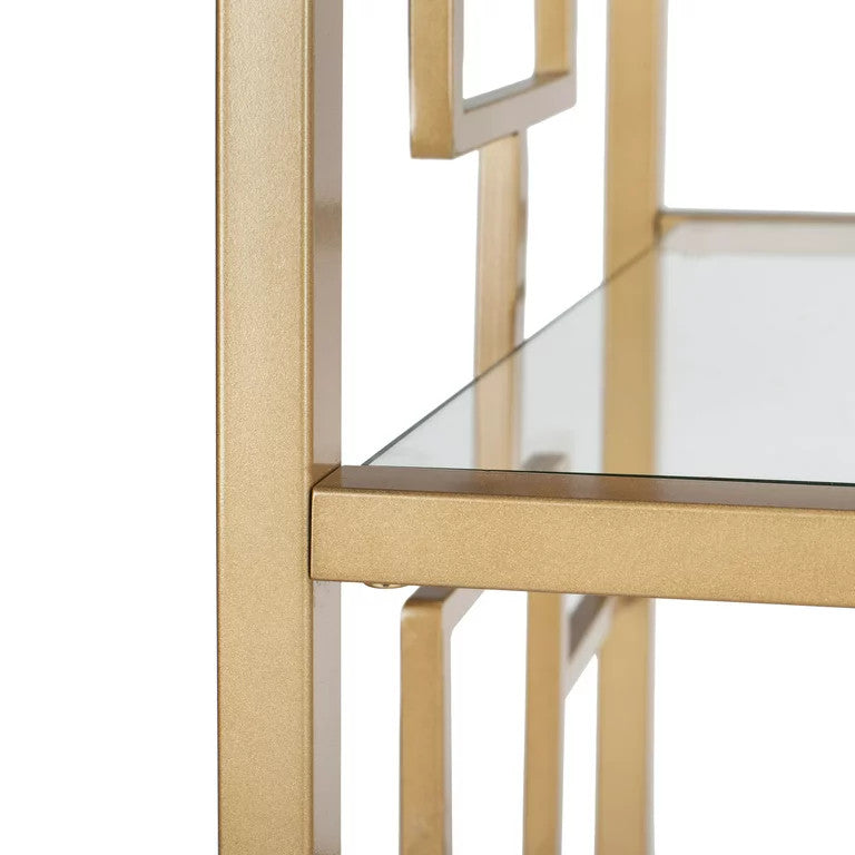 Contemporary Bookcase, Clear Glass Shelves With Geometric Accented Sides, Gold