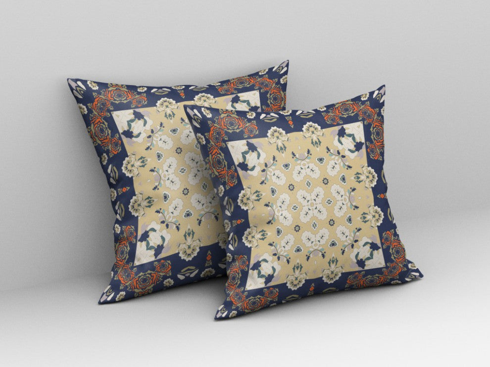 18" Blue Yellow Rose Box Indoor Outdoor Zippered Throw Pillow