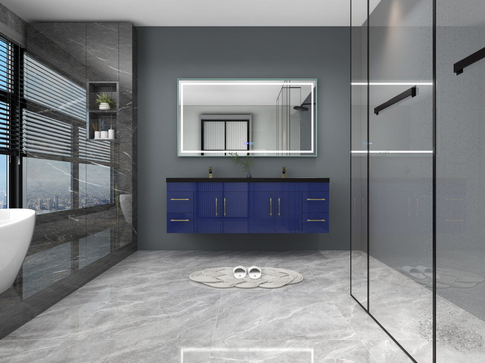 Rosa 72" Wall Mounted Modern Vanity, High Gloss Night Blue, Matt Black Top