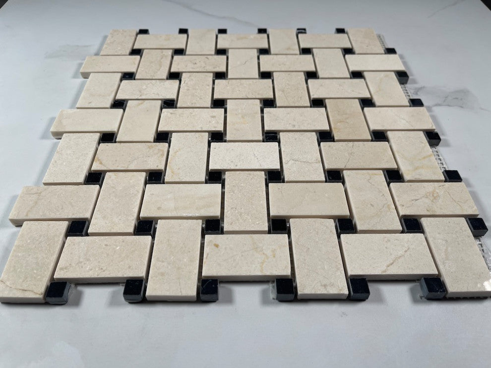 Crema Marfil Marble 1x2 Basketweave Mosaic Tile Black Dots Polished, 1 sheet