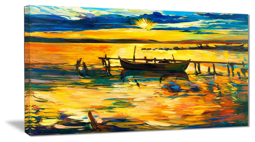"Boat and Pier in Yellow Shade" Canvas Print