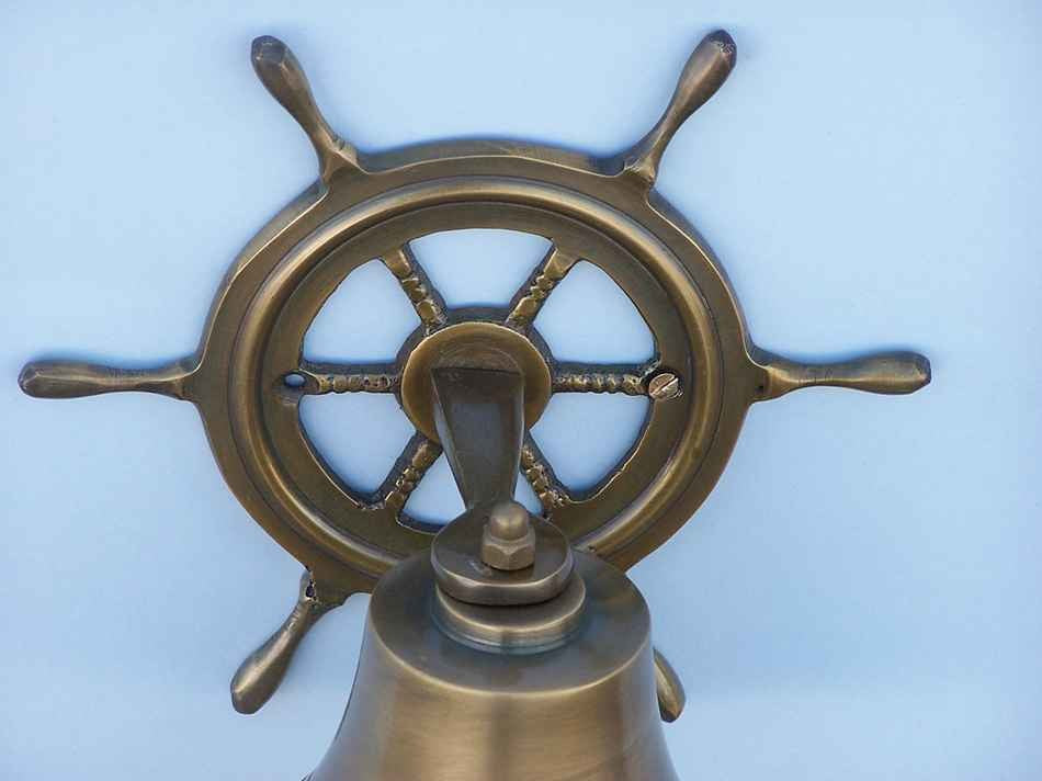 Antique Brass Hanging Ship Wheel Bell 7'', Brass Bell, Nautical Decor