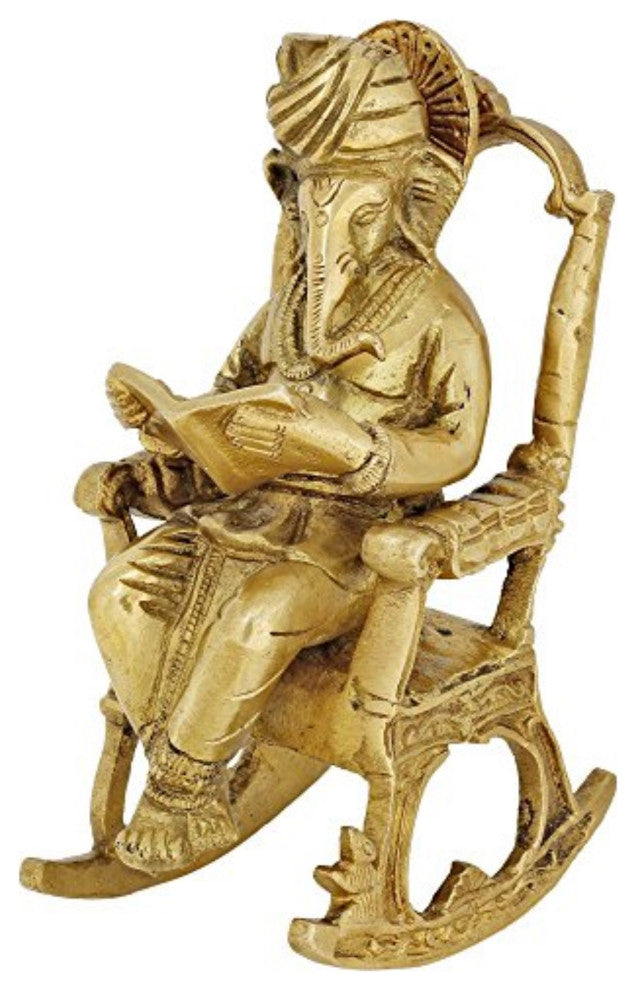 Hindu Art Ganesha God Seated On A Rocking Chair and Reading A Book 7"