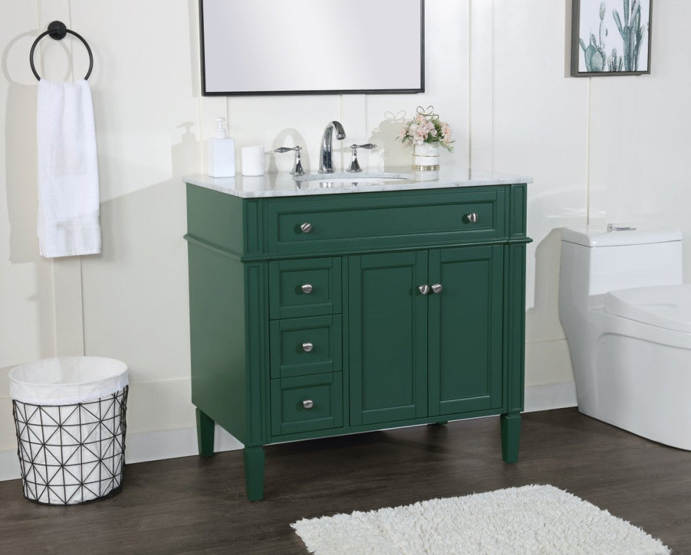 Home Living Vanity with Carrara White Marble Countertop, Green, 36", Single Sink