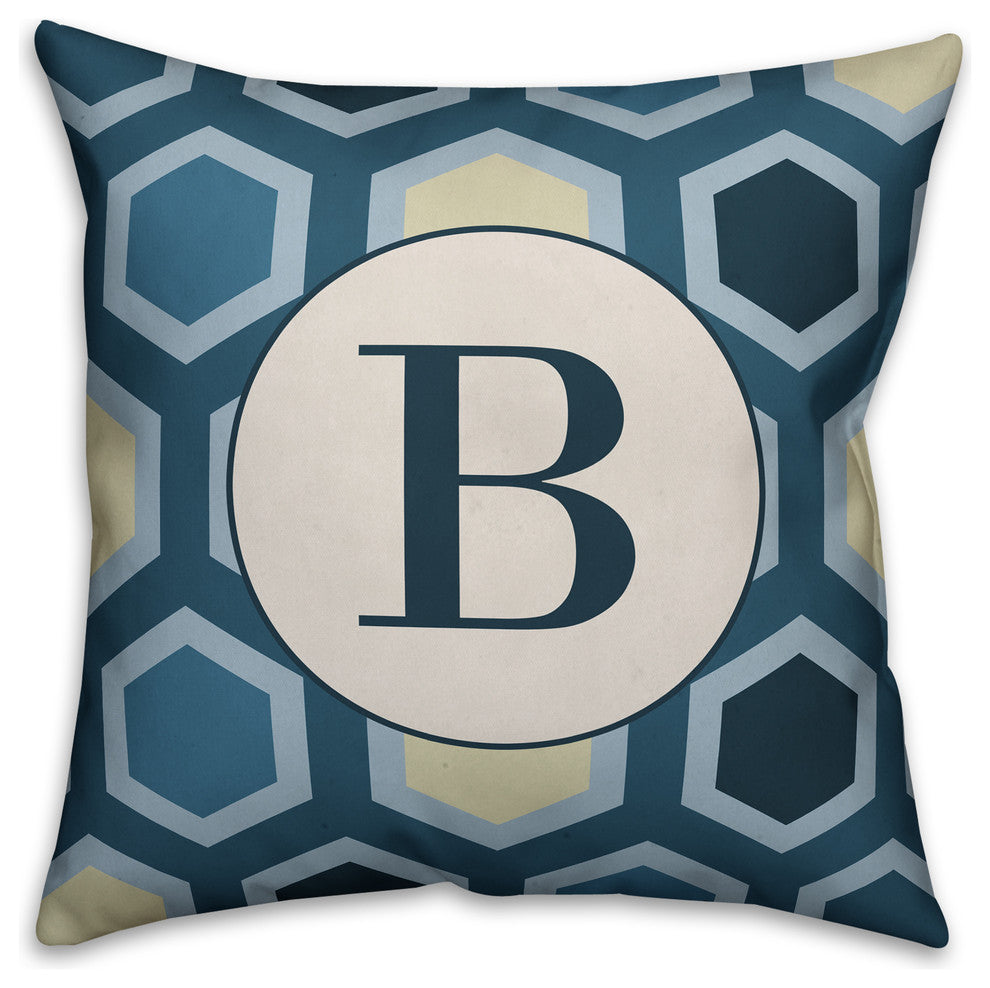 B Blue Hexagon Monogram Spun Poly Pillow, 18x18