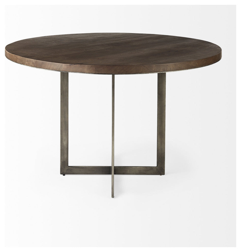 Rustic Brown Round Wood and Metal Dining Table
