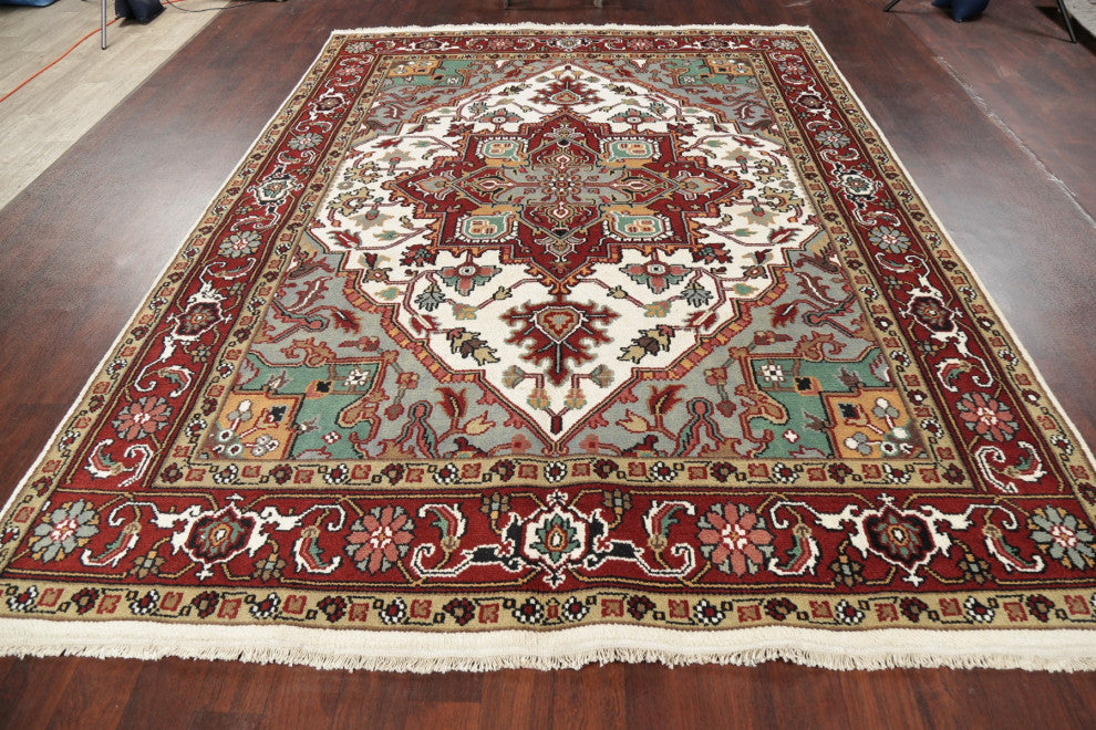 Heriz Oriental Traditional Hand-Knotted Area Rug Indian, Beige, 10'4"x7'11
