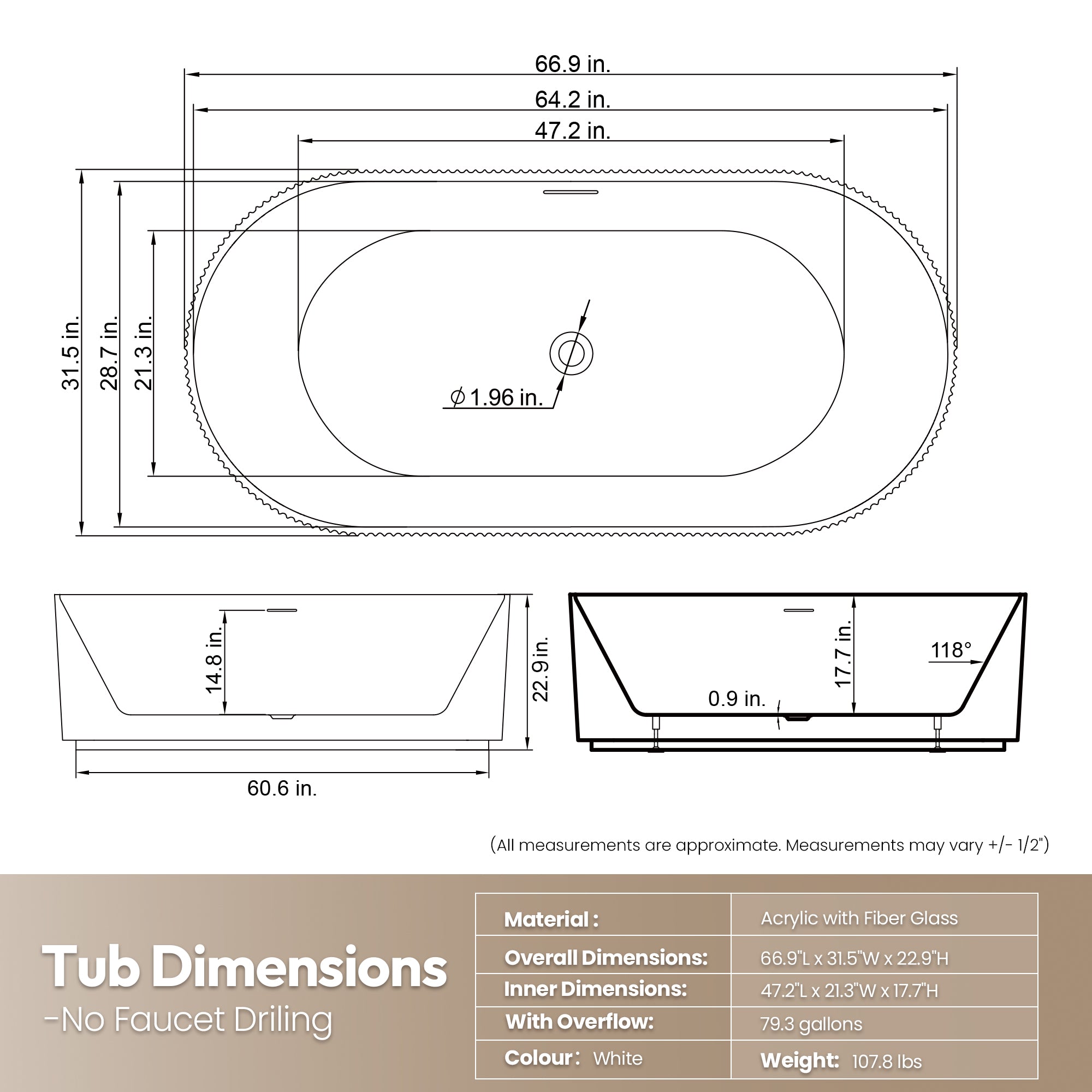 Linyi Freestanding Acrylic Soaking Bathtub, White, 66.9"l X 31.5"w