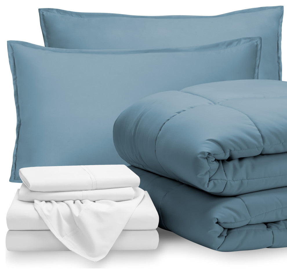 Bare Home 8-Piece Bed-in-a-Bag Split Sizes, Coronet Blue, White, Split Queen