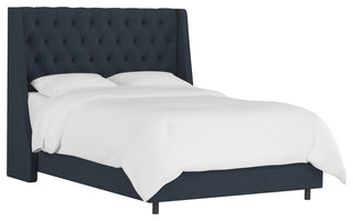 Wells Queen Tufted Wingback Bed, Linen Navy