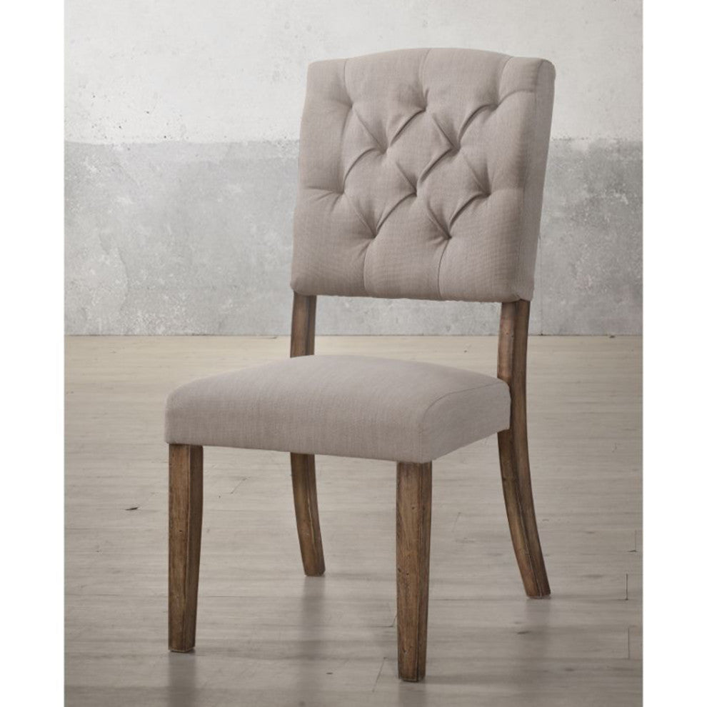 Set of 2 Linen Upholstered Side Chair, Cream/Weathered Oak Finish