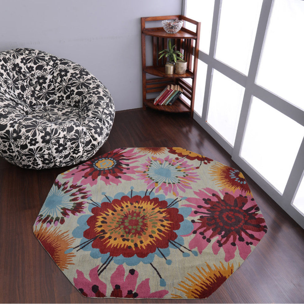 HAND TUFTED WOOL ECO-FRIENDLY AREA RUGS-Octagon,Cream,Floral