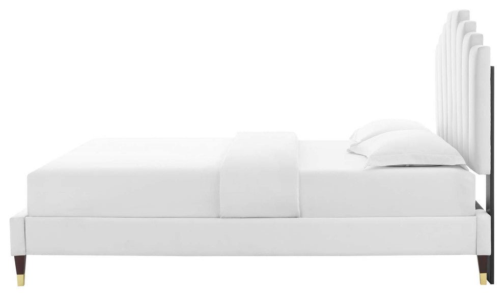 Platform Bed Frame, Full Size, Velvet, White, Modern Contemporary, Bedroom