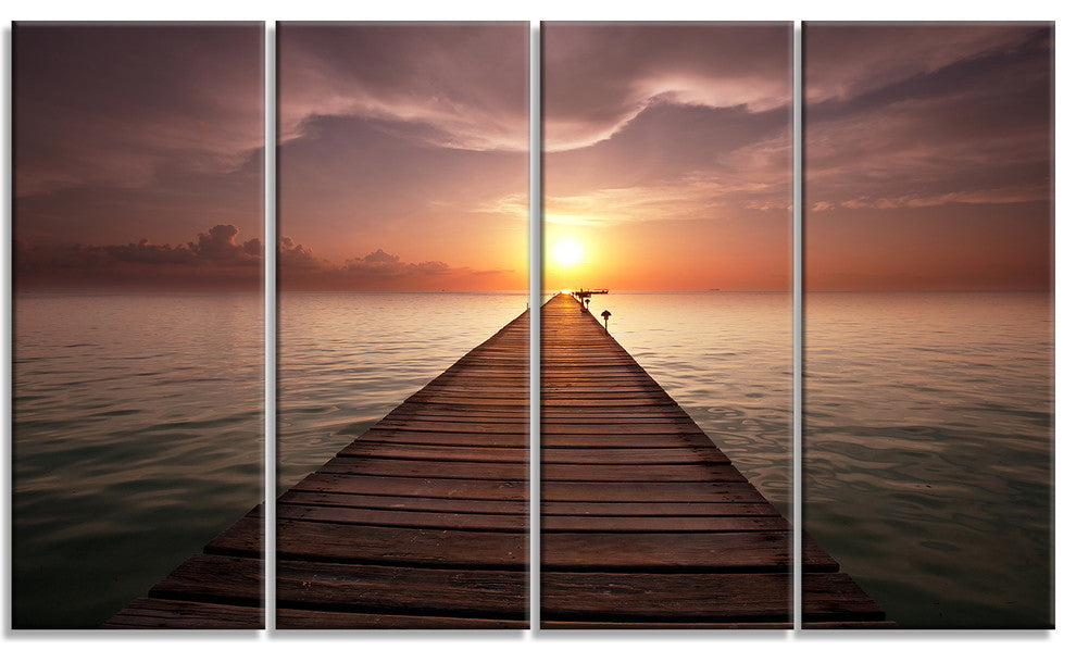 Seashore Boardwalk into the Sun, Seashore Canvas Art Print, 48"x28", 4 Panels
