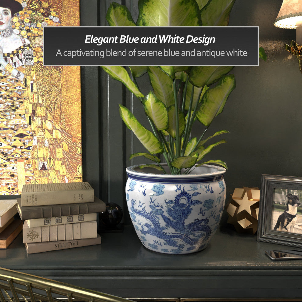 14" Dragon Blue and White Porcelain Fishbowl