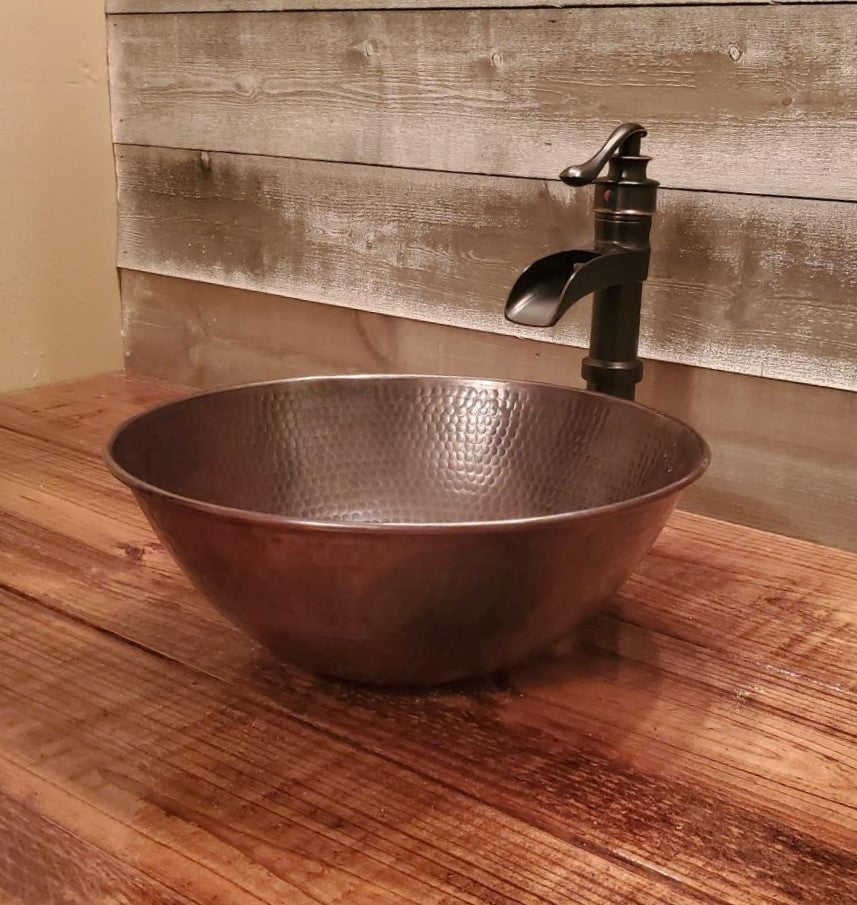 14" Rustic Round Hand Hammerd Copper Vessel Bathroom Sink Drain Included
