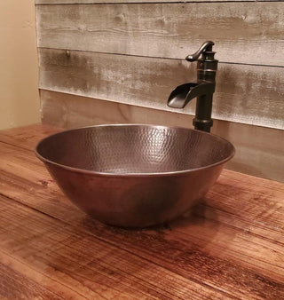 14" Rustic Round Hand Hammerd Copper Vessel Bathroom Sink Drain Included