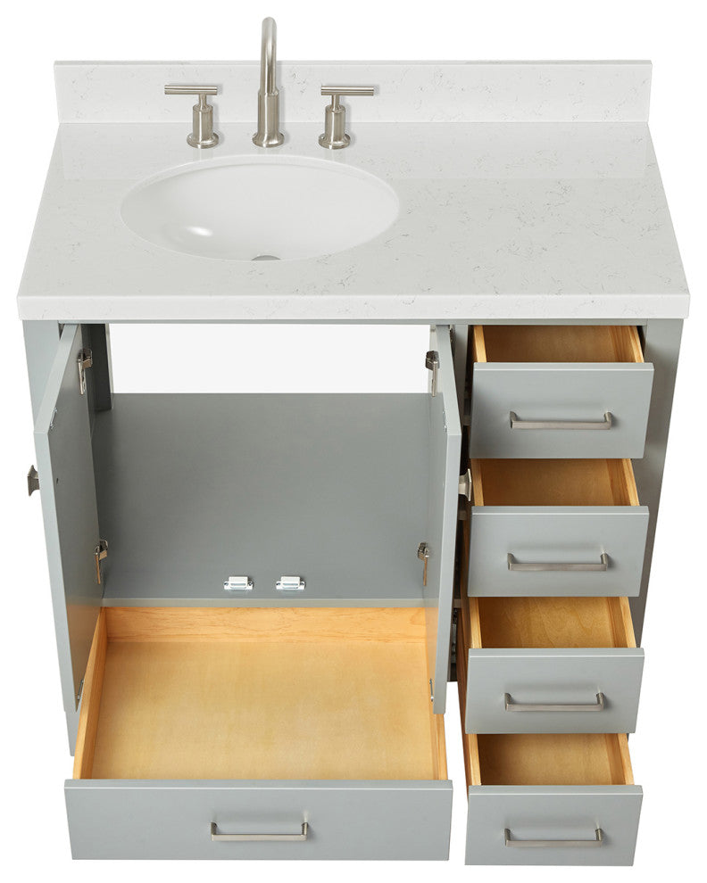 Ariel Cambridge 36" Left Offset Single Oval Sink Vanity, Carrara Quartz, Gray