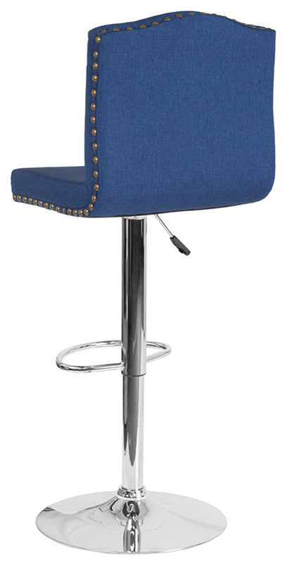 Contemporary Adjustable Height Barstool With Accent Nail Trim, Blue Fabric