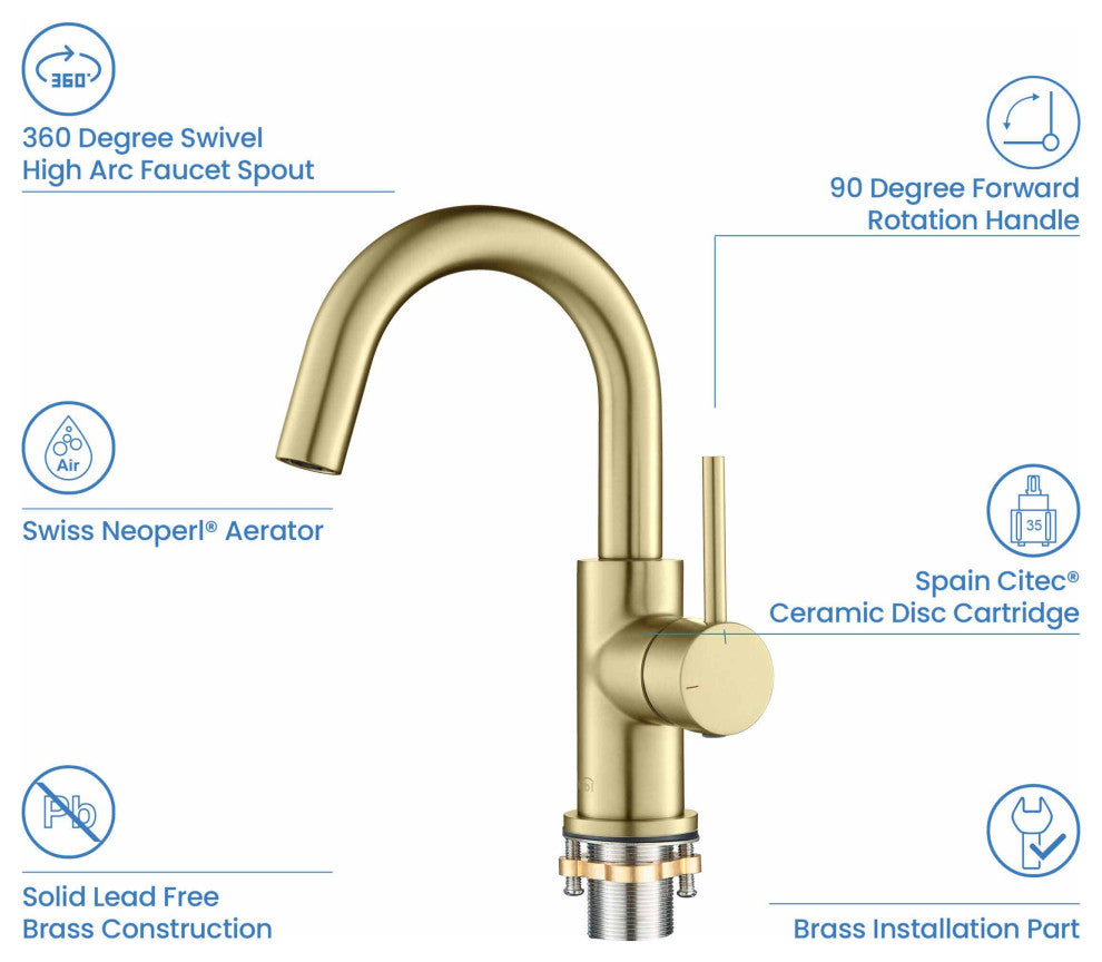 Circular Single Handle High-arc Bathroom Sink Faucet With Drain, Brushed Gold