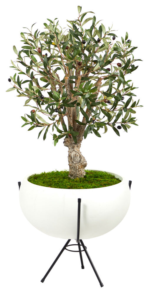 3'' Olive Artificial Tree, White Planter With Metal Stand