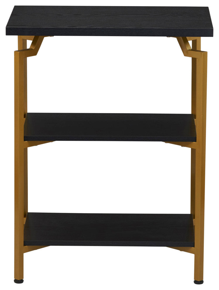 Crown Narrow 3 Shelf Open Storage Bookshelf Black Oak Wood Grain and Gold Metal
