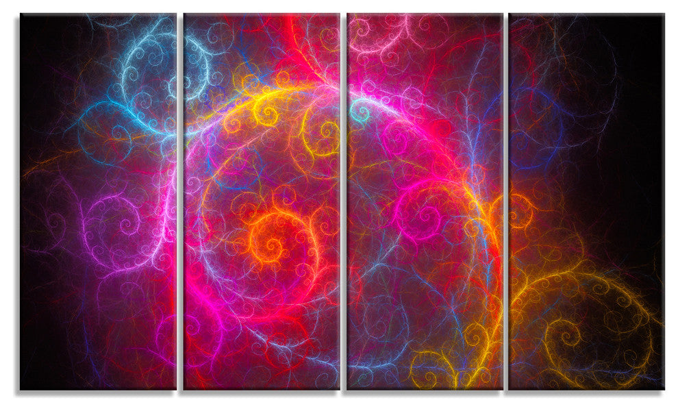 Beautiful Pink Pattern on Black, Abstract Wall Art Canvas, 48"x28", 4 Panels