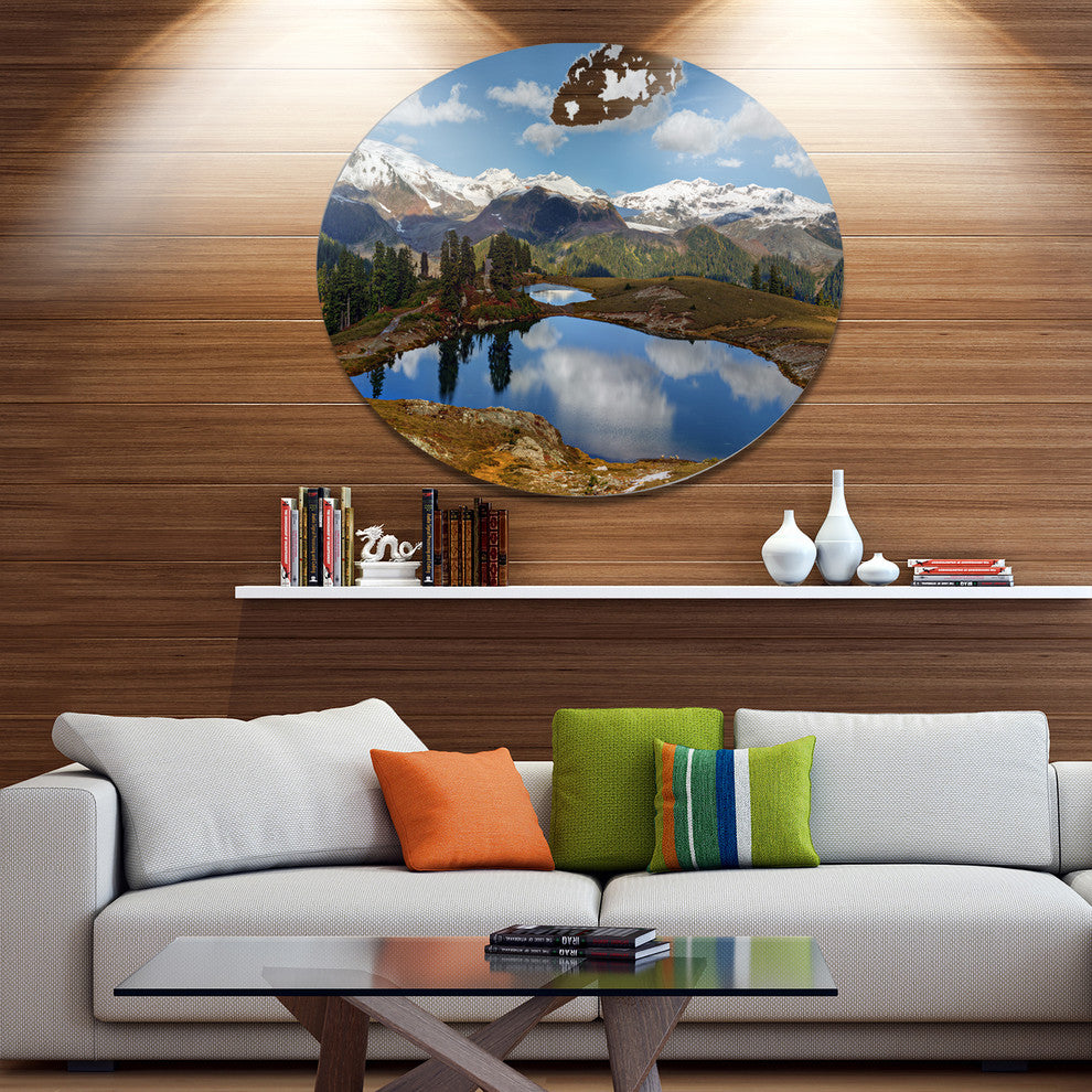 Lake With Pine Trees Reflecting Sky, Landscape Disc Metal Artwork, 36"