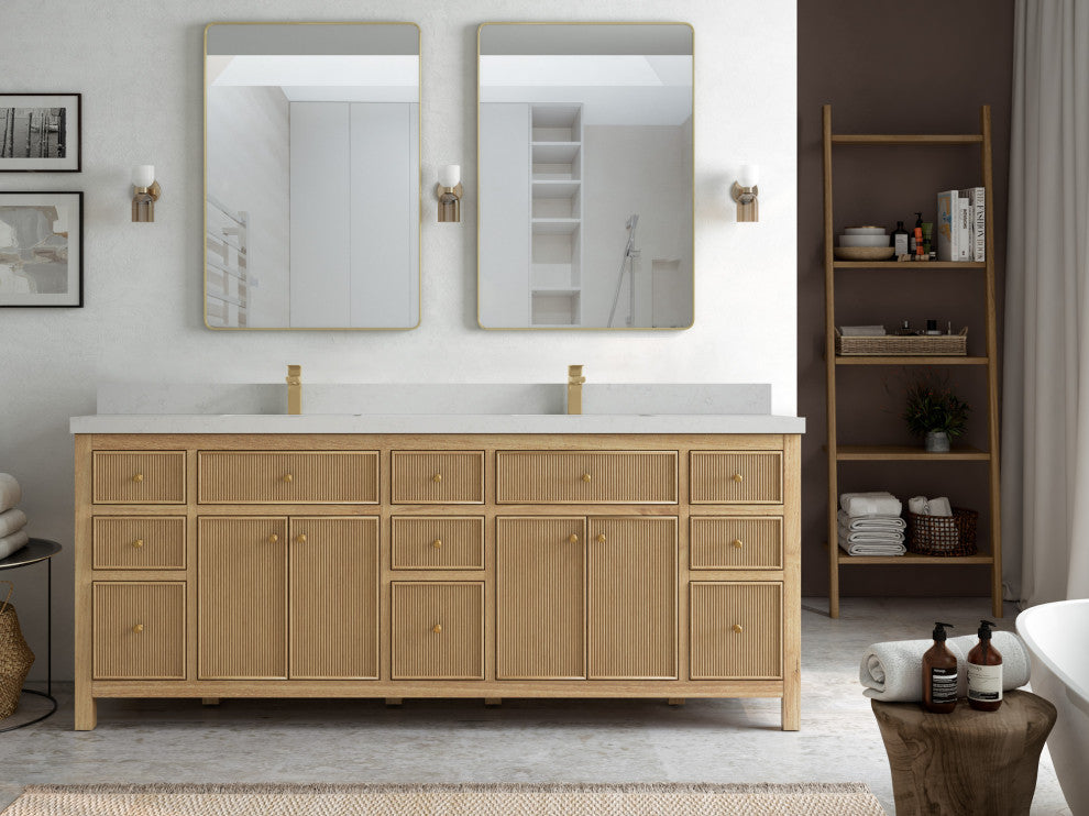 Sonoma 84 Double Sink Bath Vanity in Light Natural Teak with 2" Carrara Quartz