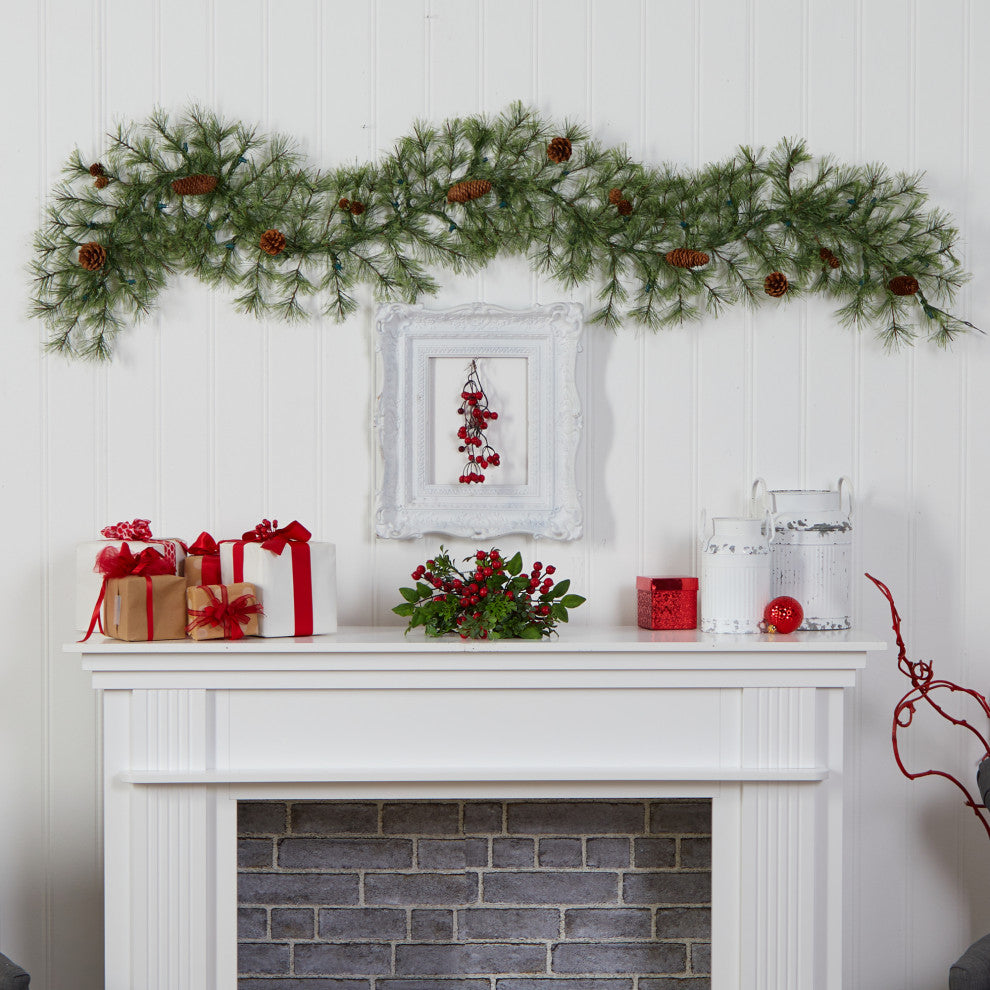 6' North Carolina Pine Faux Christmas Garland With 30 White Lights & Pinecones