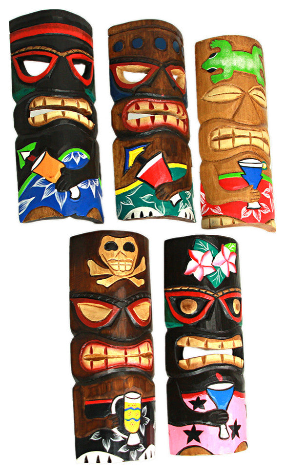 Set of 5 Polynesian Style Wooden Tiki Masks 10 in.