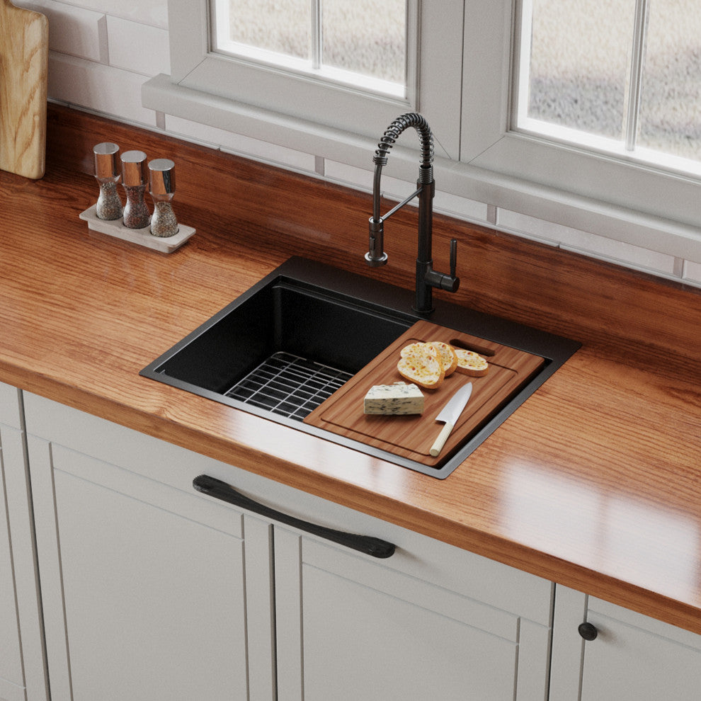Drop In Stainless Steel Single Bowl Workstation Kitchen Sink, Gunmetal Black, 30 X 22