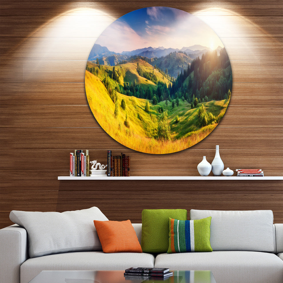 Green Hills Glowing By Sunlight, Landscape Round Wall Art, 11"