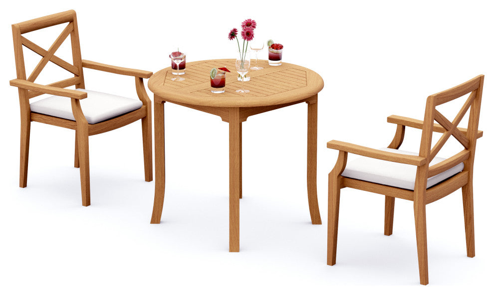 3-Piece Outdoor Teak Dining Set: 36" Round Table, 2 Grand Stacking Arm Chairs