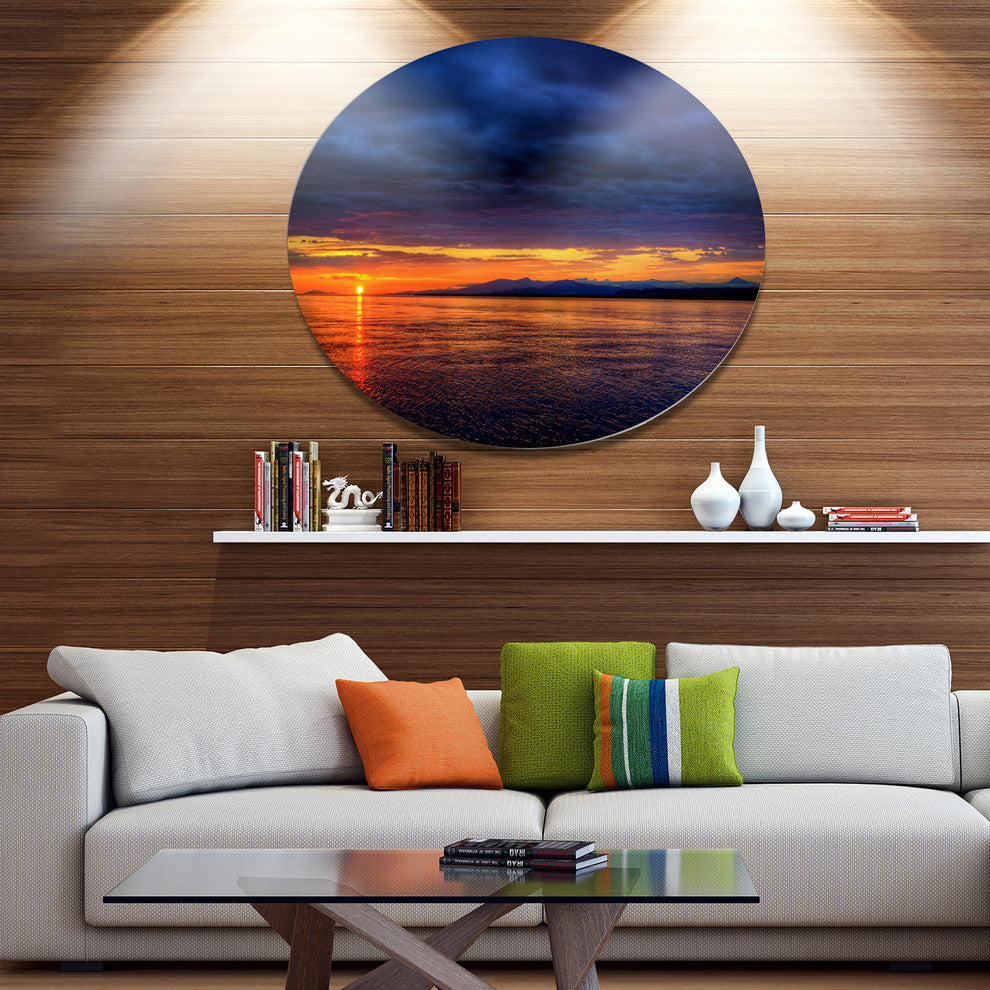 Blue Cloudy Sky And Setting Sun, Seashore Large Disc Metal Artwork, 23"