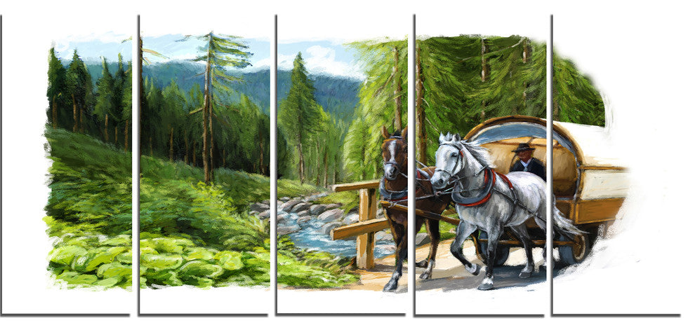 "Green Landscape With Horse" Digital Art Canvas Print, 5 Panels, 60"x28"