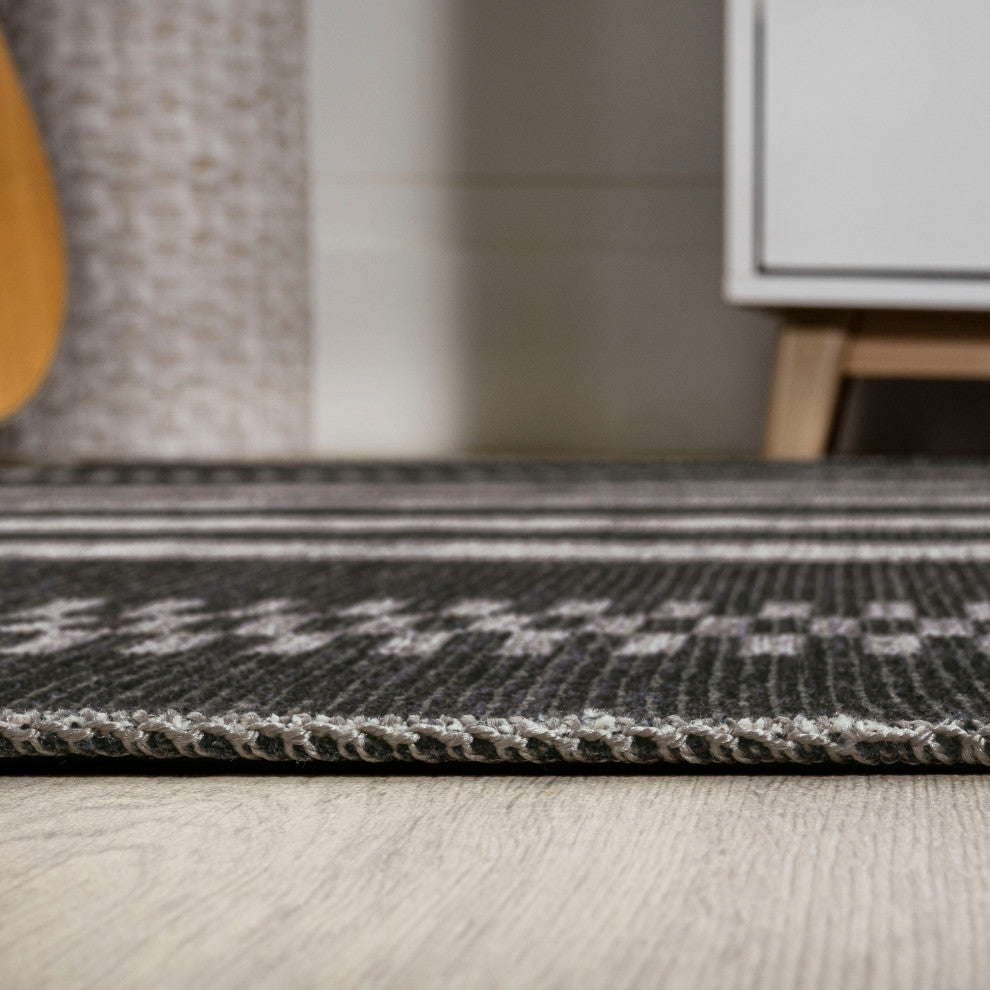 Vichy Geometric Striped Machine-Washable Area Rug, Black/Ivory, 8x10