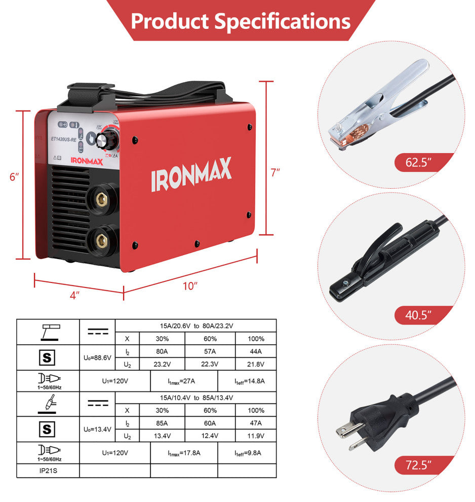 MMA Welder IGBT Portable Machine w/ Electrode Holder&Earth Clamp&Adapter