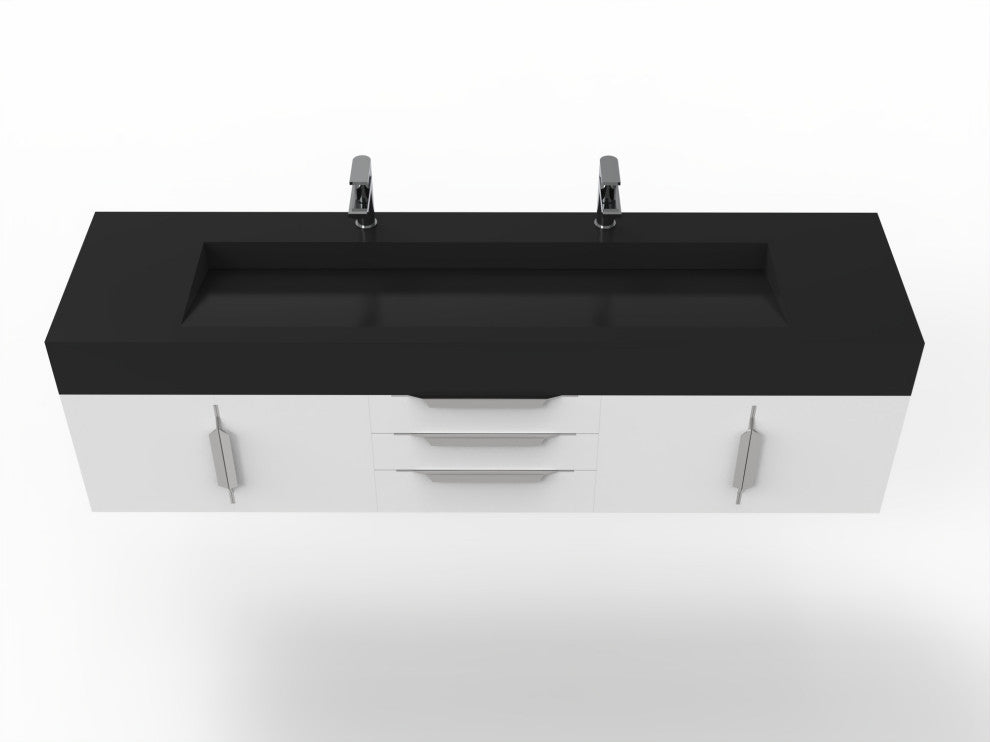 CastelloUSA Nile 72" Wall Mounted Bathroom Vanity Set, White, Black Top, Chrome Handles