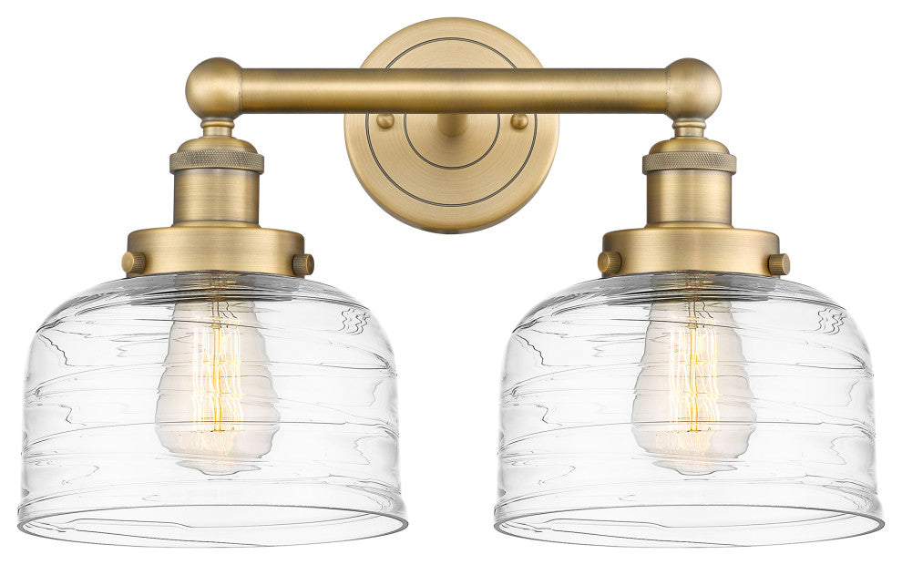 Edison Large Bell 2-Light 16" Bath Vanity Light, Brushed Brass, Clear Deco Swirl