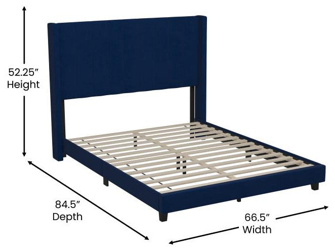 Bianca Upholstered Platform Bed w/Vertical Stitched Wingback Headboard, Navy Velvet, Queen