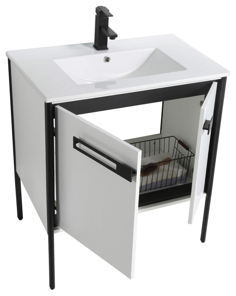 Oakville Bath Vanity, Ceramic Sink, White Matte, 30 Inch, Black Hardware