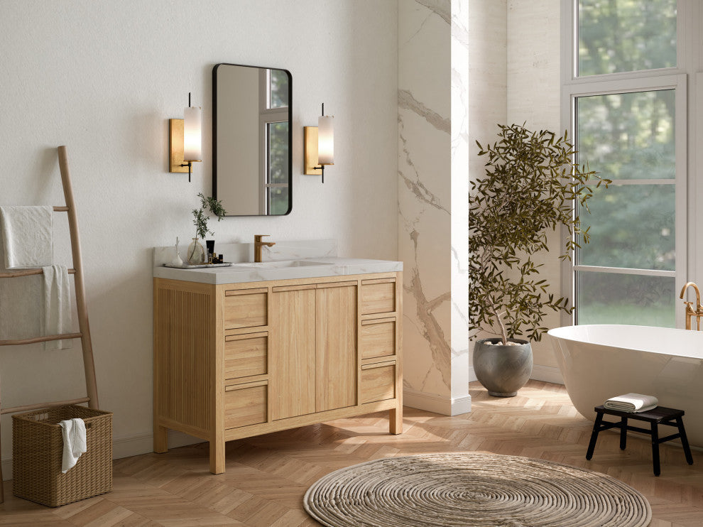 Elizabeth 48 Single Sink Bath Vanity in Light Natural Teak 2" Carrara Quartz