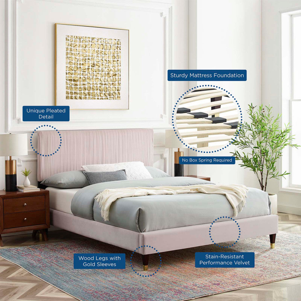 Platform Bed Frame, Full Size, Velvet, Pink, Modern Contemporary, Bedroom Master
