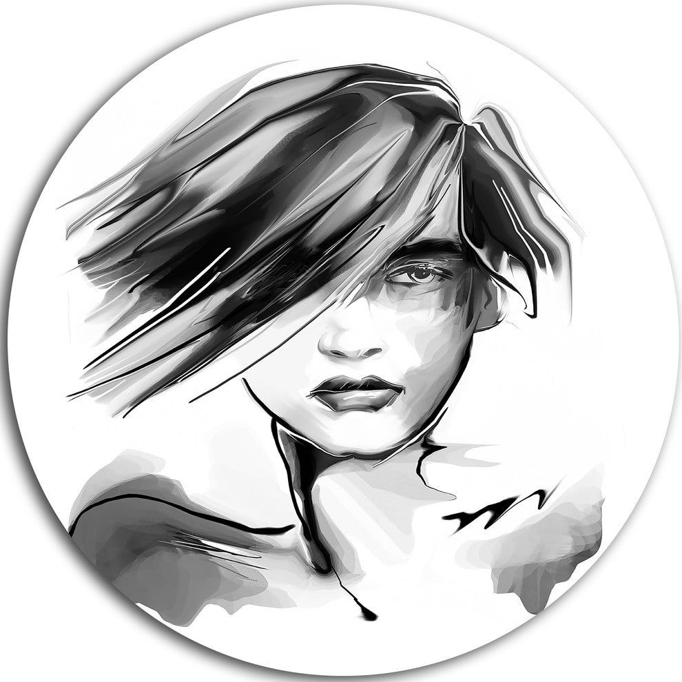 Young Woman Black White, Portrait Digital Art Disc Metal Artwork, 36"