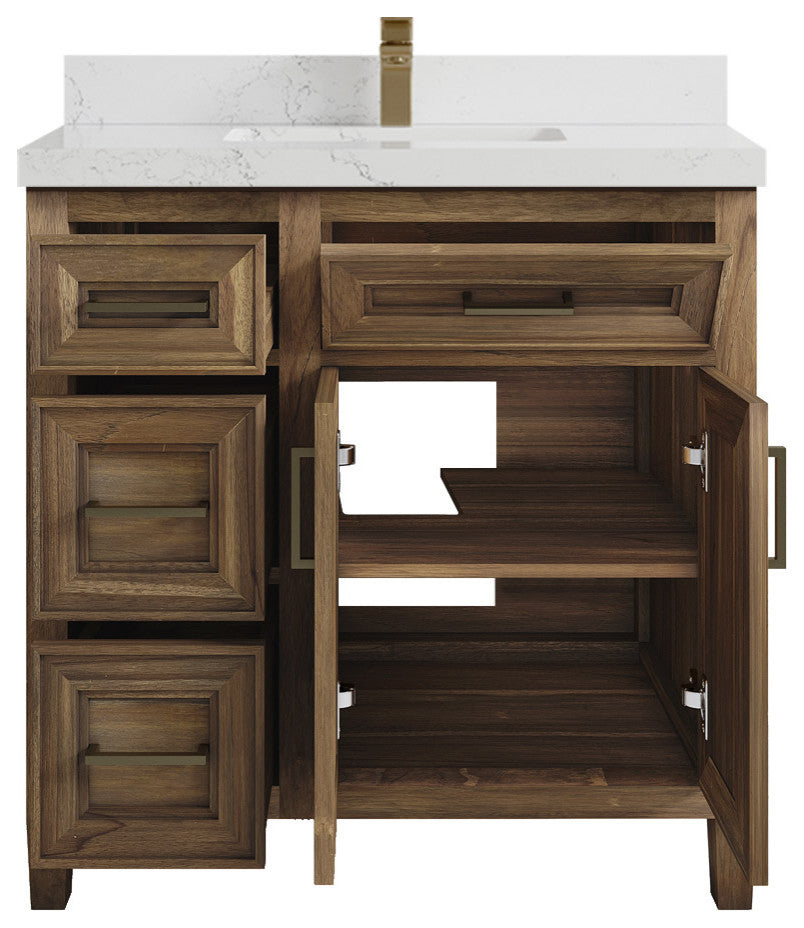 Santa Monica 36 Center Sink Bath Vanity in Graywashed Teak 2" Empira Quartz