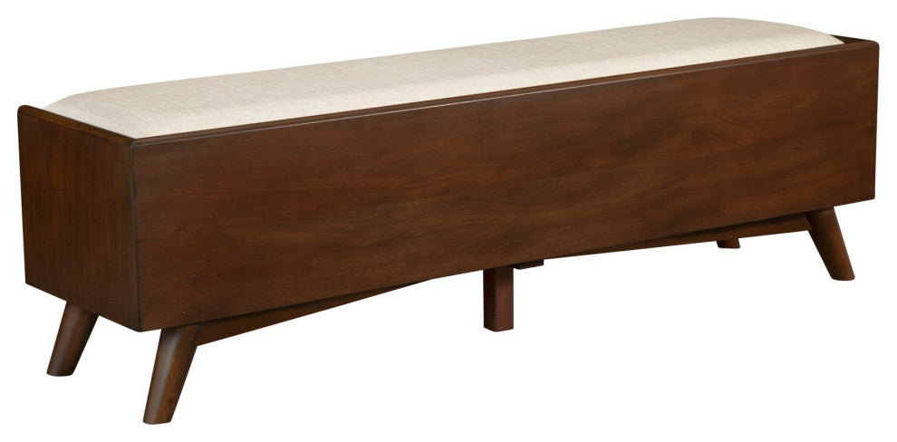 Benzara BM283855 59" 2 Drawer Accent Bench, Beige Seat Wood, Walnut Brown