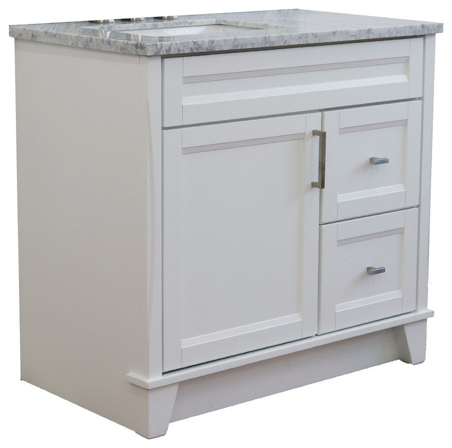 37" Single Sink Vanity, White Finish With White Carrara Marble