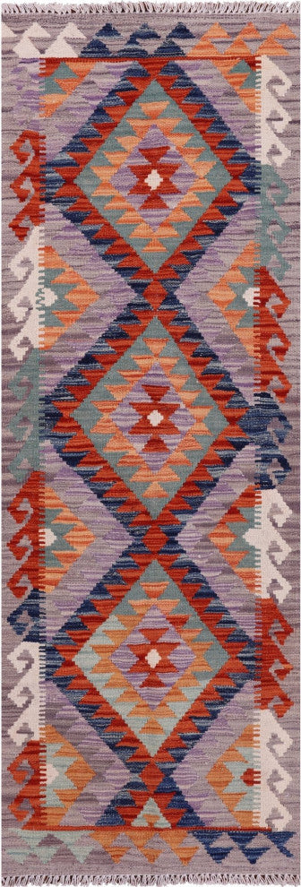 2' 2" X 6' 3" Runner Reversible Kilim Flat Weave Wool Rug - Q12566